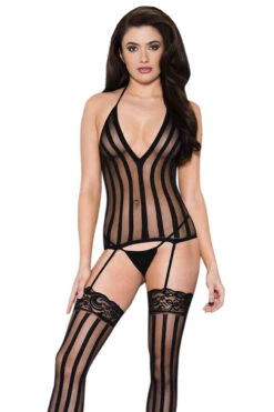MUSIC LEGS Sheer Striped Chemise & Stockings Set