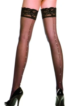 MUSIC LEGS Black Sheer Thigh High Stockings With Rhinestones