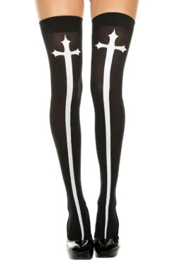 MUSIC LEGS Gothic Cross Print Thigh Highs - Black-White