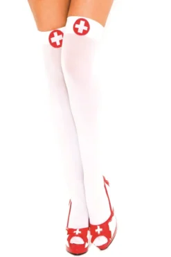 MUSIC LEGS White Thigh High Stockings With White Nurse Cross