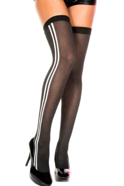 MUSIC LEGS Black Thigh Hi Stockings With Vertical White Stripes