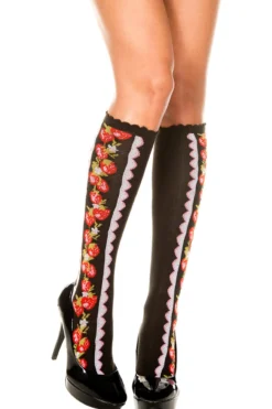 MUSIC LEGS Black Knee High Stockings With Strawberries