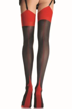 LEG AVENUE Black Thigh High Stockings With Red Cuban Heel