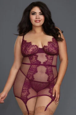 Dreamgirl Plus Size Purple Fishnet And Lace Chemise
