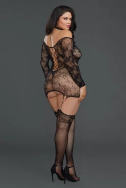 Dreamgirl Plus Size Lace Patterned Knit Chemise -3 Wish Sexy Shop DG0318X front 20B black