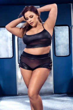 Plus Size Strapped Mesh And Wet Look Set