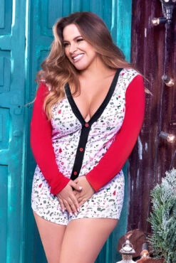 Plus Size Button Down Holiday Romper -3 Wish Sexy Shop EP7336X WhiteRed Front2 09659
