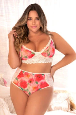 Plus Size Retro Floral Mesh Bra And Panty
