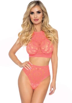LEG AVENUE Crochet Lace Halter Bra And Panty