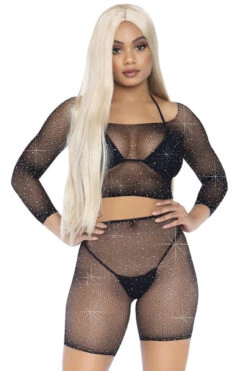LEG AVENUE Rhinestone Fishnet Top And Bike Shorts