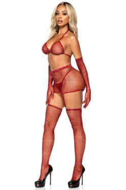 LEG AVENUE Rhinestone Fishnet Bra And Skirt Set -3 Wish Sexy Shop LA81617 burgundy front