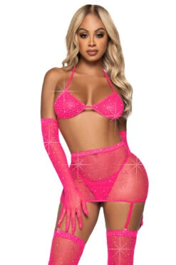 LEG AVENUE Rhinestone Fishnet Bra And Skirt Set -3 Wish Sexy Shop LA81617 neon pink front 2