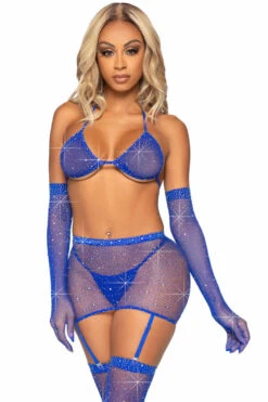 LEG AVENUE Rhinestone Fishnet Bra And Skirt Set -3 Wish Sexy Shop LA81617 royal blue front