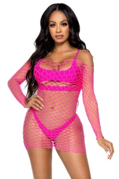 LEG AVENUE Neon Net Long Sleeve Dress -3 Wish Sexy Shop LA86128 neon pink front 4