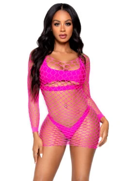 LEG AVENUE Neon Net Long Sleeve Dress -3 Wish Sexy Shop LA86128 neon pink front 7
