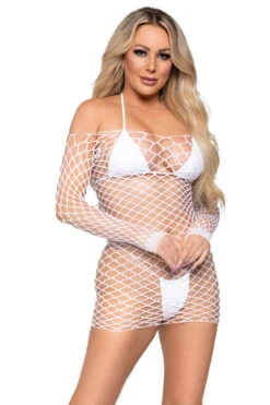 LEG AVENUE Neon Net Long Sleeve Dress -3 Wish Sexy Shop LA86128 white front 5