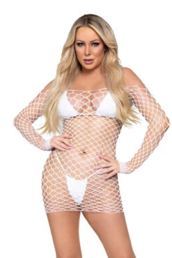 LEG AVENUE Neon Net Long Sleeve Dress -3 Wish Sexy Shop LA86128 white front 8