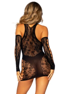 LEG AVENUE Seamless Pothole Chemise And Gloves -3 Wish Sexy Shop LA86129 black back 1