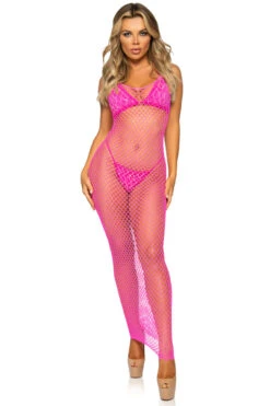 LEG AVENUE Long Fence Net Gown 19 LEG AVENUE Long Fence Net Gown -3 Wish Sexy Shop LA86963 neon pink front v2