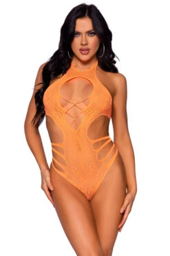 LEG AVENUE Strappy Seamless Lace Bodysuit -3 Wish Sexy Shop LA89295 neon orange front 10
