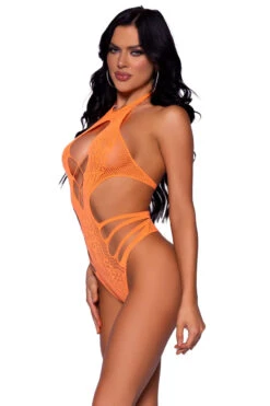 LEG AVENUE Strappy Seamless Lace Bodysuit -3 Wish Sexy Shop LA89295 neon orange front 5