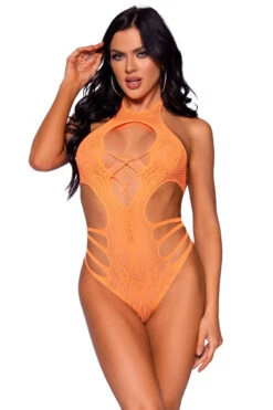 LEG AVENUE Strappy Seamless Lace Bodysuit -3 Wish Sexy Shop LA89295 neon orange front 7