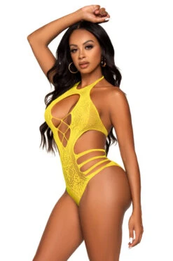 LEG AVENUE Strappy Seamless Lace Bodysuit -3 Wish Sexy Shop LA89295 yellow front 4