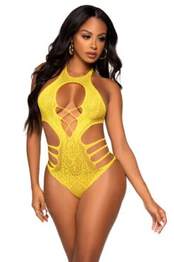 LEG AVENUE Strappy Seamless Lace Bodysuit -3 Wish Sexy Shop LA89295 yellow front 6