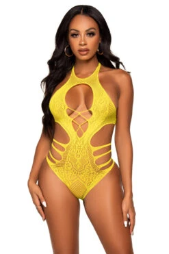 LEG AVENUE Strappy Seamless Lace Bodysuit -3 Wish Sexy Shop LA89295 yellow front 9