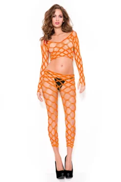 MUSIC LEGS Net Crop Top And Pants -3 Wish Sexy Shop ML9309 Orange frontmodified 74620