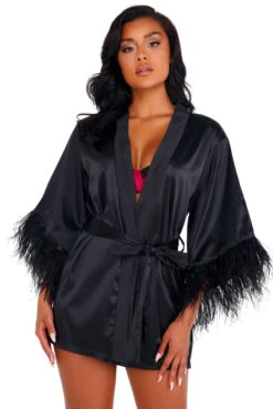 Satin Robe With Ostrich Feather Trim -3 Wish Sexy Shop RLI399 Blk Front 97194