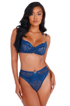 Navy Satin And Lace Bra And Panty