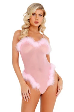 Sheer Faux Fur Trimmed Teddy 8 Sheer Faux Fur Trimmed Teddy -3 Wish Sexy Shop RMLI387 baby pink front