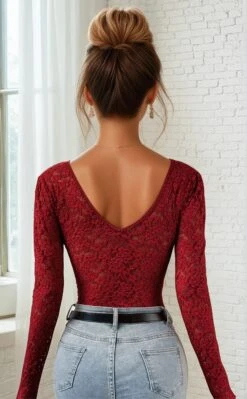 Lace Long Sleeve Bodysuit -3 Wish Sexy Shop SI LH091 red back