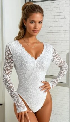 Lace Long Sleeve Bodysuit -3 Wish Sexy Shop SI LH091 white front 1