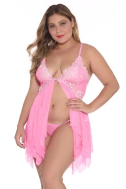 Plus Size Lace Inset Jagged Hem Babydoll 10 Plus Size Lace Inset Jagged Hem Babydoll -3 Wish Sexy Shop SI Q L134X pink front 1