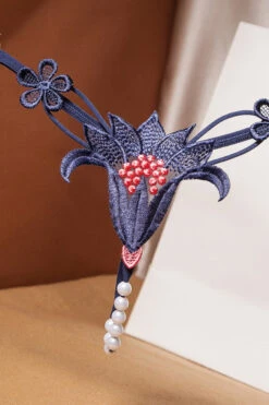 Embroidered Lily Crotchless Panty -3 Wish Sexy Shop SI Q NP57 navy front