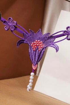 Embroidered Lily Crotchless Panty -3 Wish Sexy Shop SI Q NP57 purple front