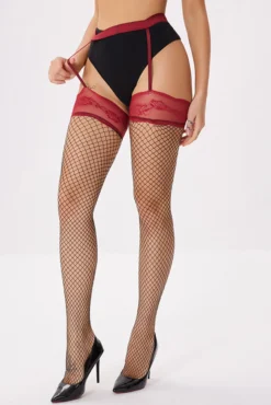 Contrast Net Garter Stockings -3 Wish Sexy Shop SI Q ST024 red front
