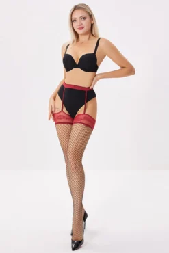 Contrast Net Garter Stockings -3 Wish Sexy Shop SI Q ST024 red front 1