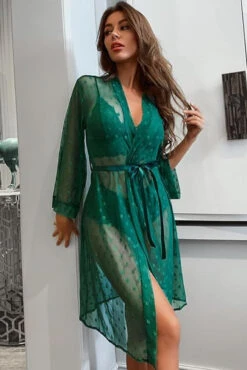 French Dot Mesh Robe And Bra Set -3 Wish Sexy Shop SI Q VD012 green front 3