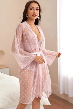 French Dot Mesh Robe And Bra Set -3 Wish Sexy Shop SI Q VD012 pink front 2 1