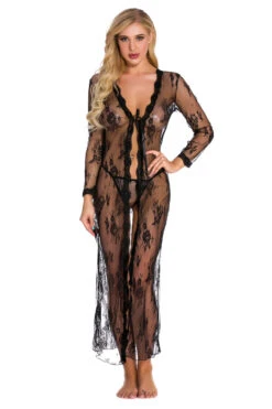 Long Lace Babydoll Robe 19 Long Lace Babydoll Robe -3 Wish Sexy Shop SI Q VD014 black front 3