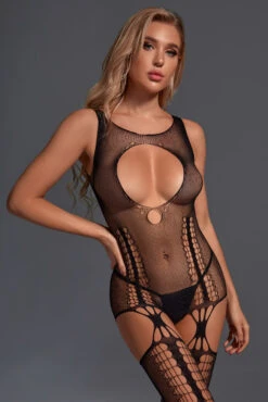 Seamless Chemise With Attached Garters -3 Wish Sexy Shop SI VW81581 black front 2