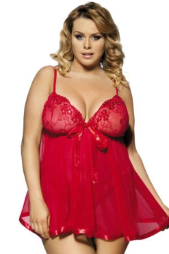 Plus Size Mesh And Floral Babydoll -3 Wish Sexy Shop SIE20736P red front
