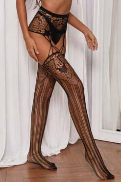 Irregular Patterned Pantyhose And Garter Belt -3 Wish Sexy Shop SIH3515 black front 1