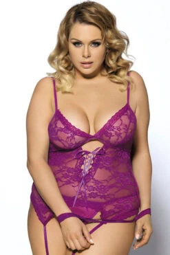 Plus Size Lace Garter Cami With Wrist Restraints -3 Wish Sexy Shop SIR76005P purple front