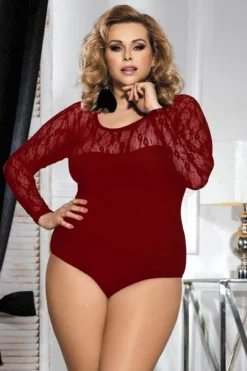 Plus Size Stretch Long Sleeve Lace Bodysuit -3 Wish Sexy Shop SIR80372 3P red front