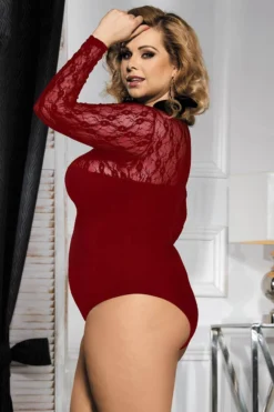 Plus Size Stretch Long Sleeve Lace Bodysuit -3 Wish Sexy Shop SIR80372 3P red front 2