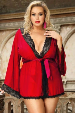 Plus Size Mesh Two Tone Robe -3 Wish Sexy Shop SIR80947 3P red front